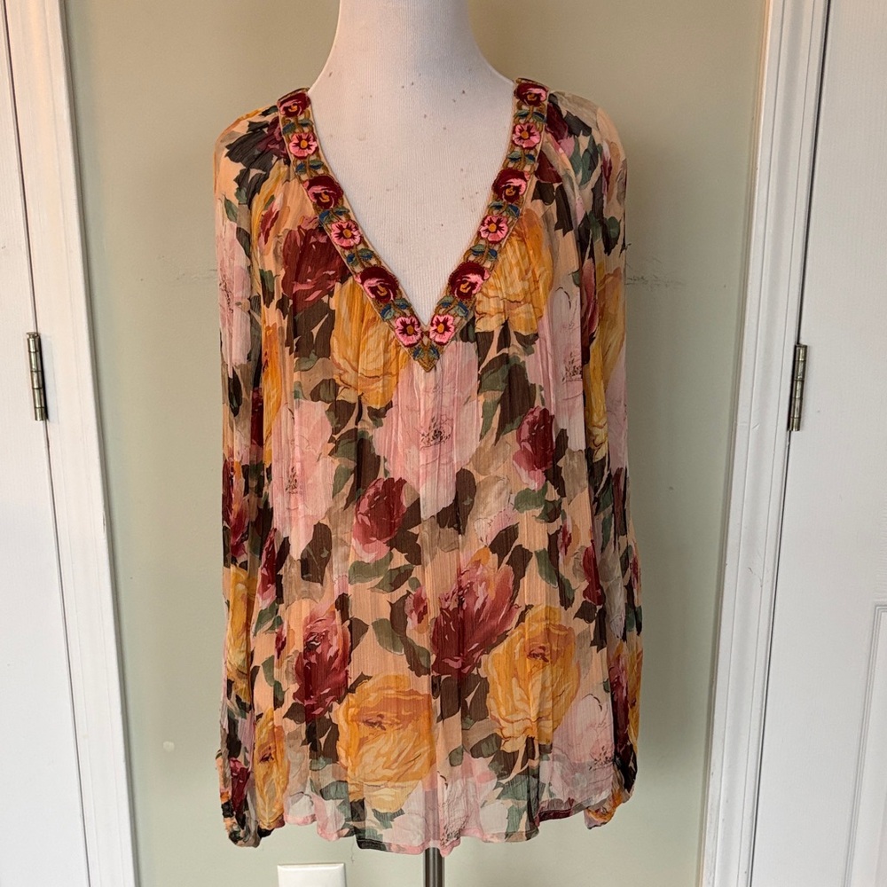 Sundance Floral V-Neck Blouse with Embroidered Trim